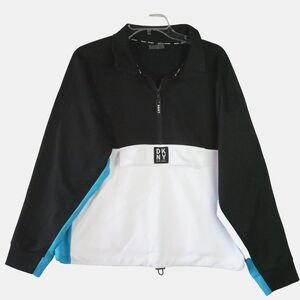 DKNY Sport Womens Size XL 1/2 Zip Pullover Jacket Black/White Blue Stripe READ